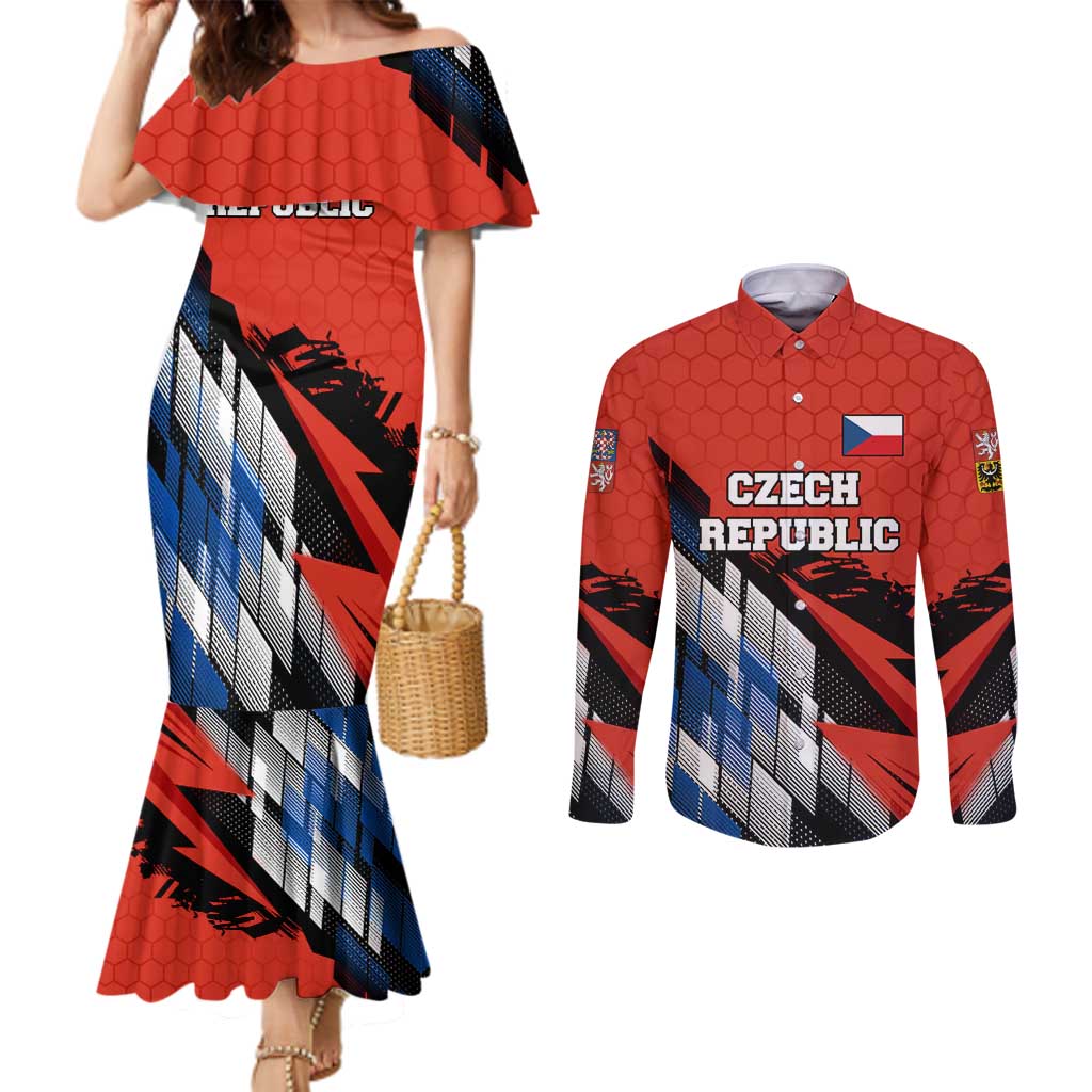 Czech Republic Couples Matching Mermaid Dress and Long Sleeve Button Shirt with Red Black Blue Brushstroke Design and National Lion - Wonder Print Shop