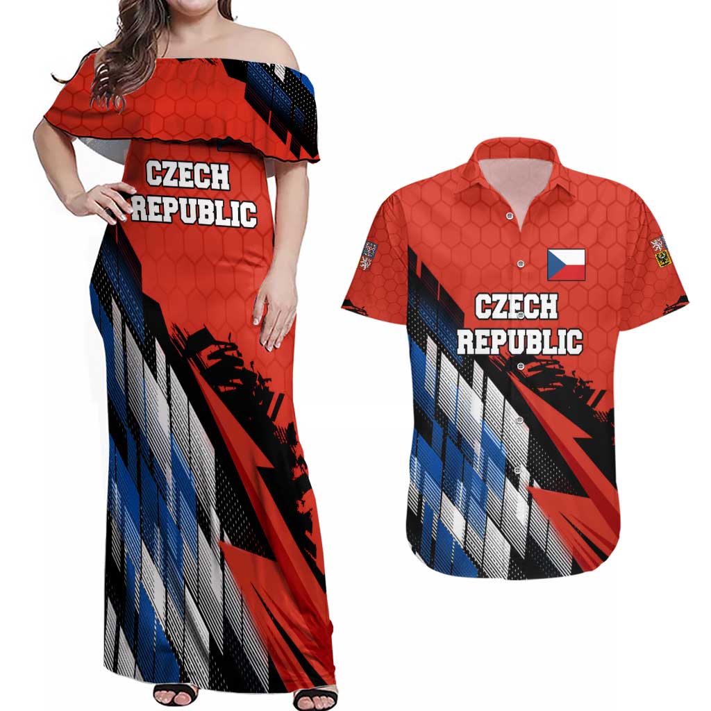 Czech Republic Couples Matching Off Shoulder Maxi Dress and Hawaiian Shirt with Red Black Blue Brushstroke Design and National Lion - Wonder Print Shop