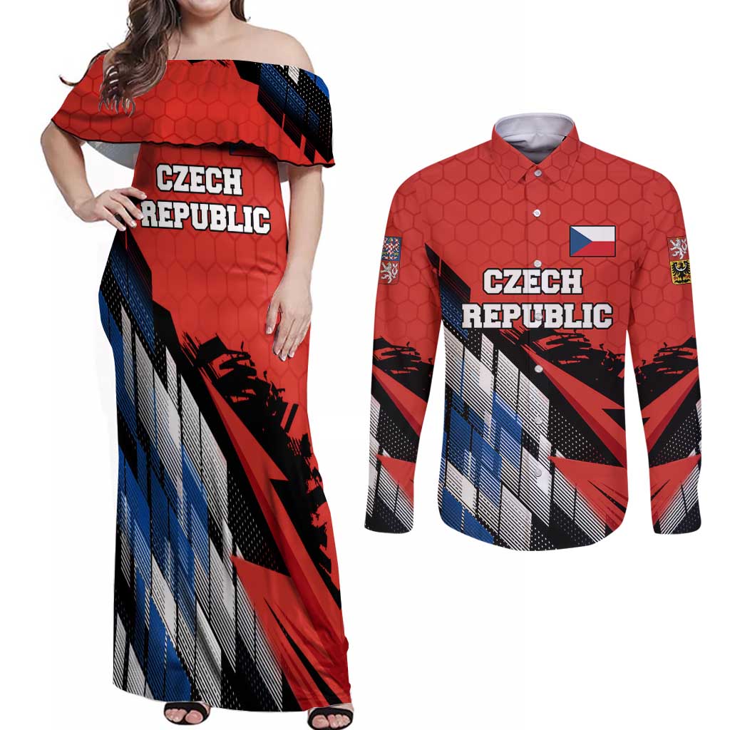Czech Republic Couples Matching Off Shoulder Maxi Dress and Long Sleeve Button Shirt with Red Black Blue Brushstroke Design and National Lion - Wonder Print Shop