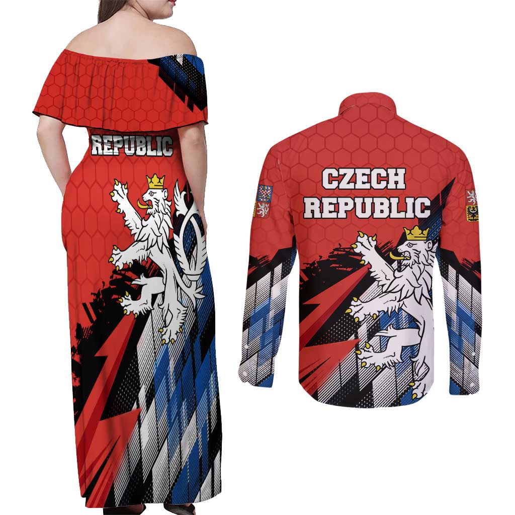 Czech Republic Couples Matching Off Shoulder Maxi Dress and Long Sleeve Button Shirt with Red Black Blue Brushstroke Design and National Lion - Wonder Print Shop