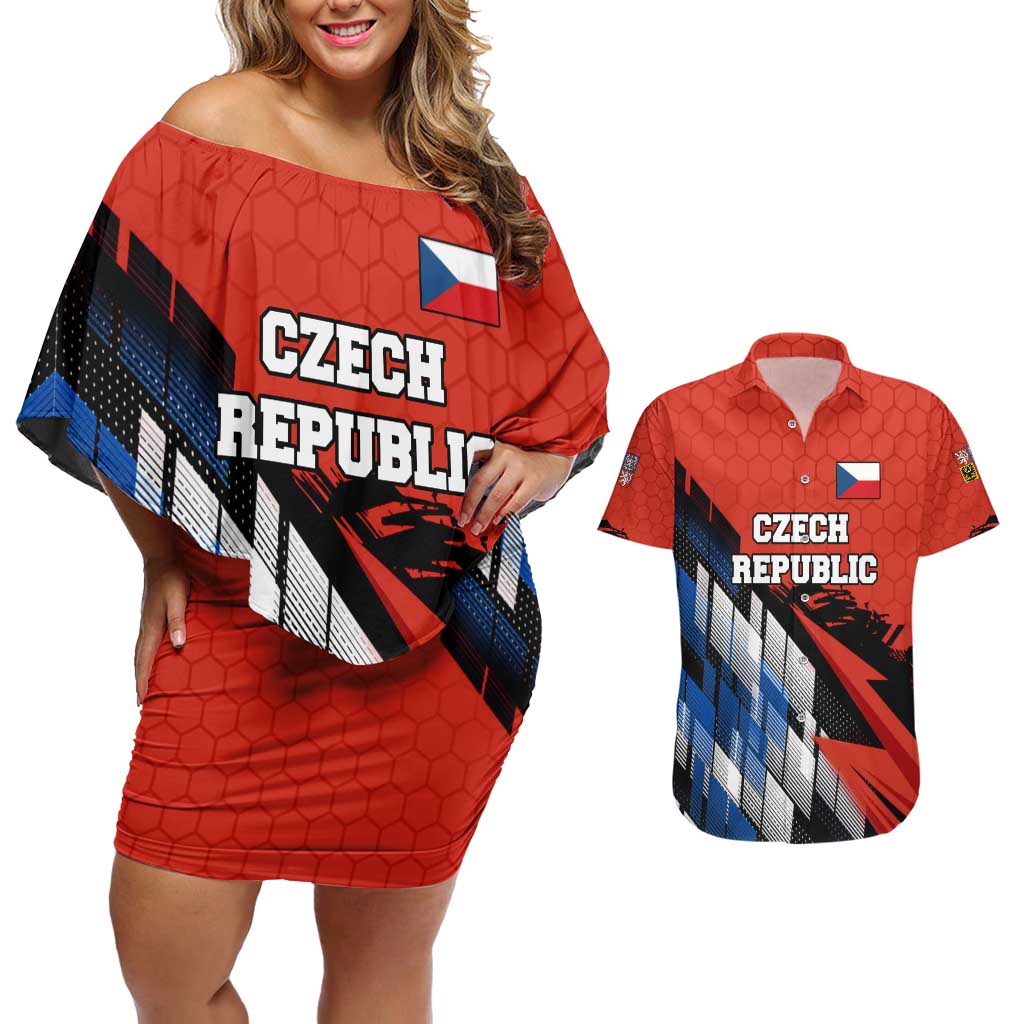 Czech Republic Couples Matching Off Shoulder Short Dress and Hawaiian Shirt with Red Black Blue Brushstroke Design and National Lion - Wonder Print Shop