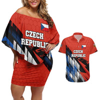 Czech Republic Couples Matching Off Shoulder Short Dress and Hawaiian Shirt with Red Black Blue Brushstroke Design and National Lion - Wonder Print Shop
