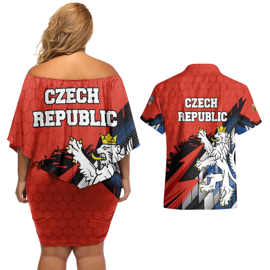 Czech Republic Couples Matching Off Shoulder Short Dress and Hawaiian Shirt with Red Black Blue Brushstroke Design and National Lion - Wonder Print Shop