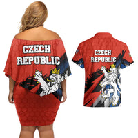 Czech Republic Couples Matching Off Shoulder Short Dress and Hawaiian Shirt with Red Black Blue Brushstroke Design and National Lion - Wonder Print Shop