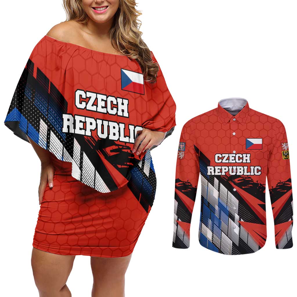 Czech Republic Couples Matching Off Shoulder Short Dress and Long Sleeve Button Shirt with Red Black Blue Brushstroke Design and National Lion - Wonder Print Shop