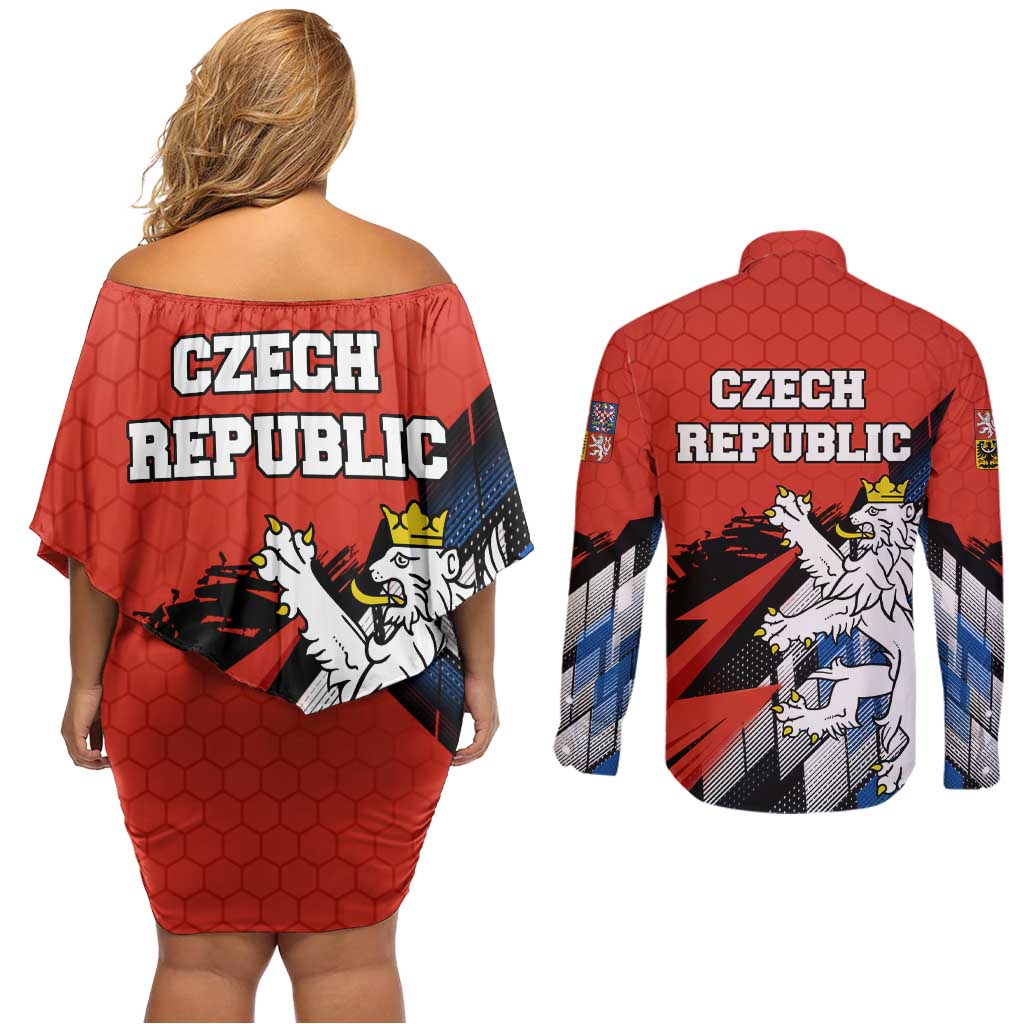Czech Republic Couples Matching Off Shoulder Short Dress and Long Sleeve Button Shirt with Red Black Blue Brushstroke Design and National Lion - Wonder Print Shop