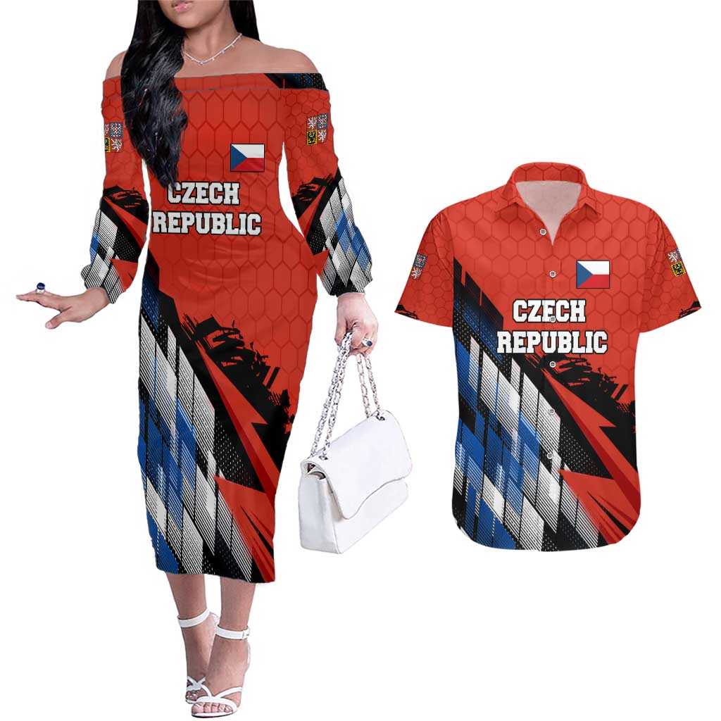Czech Republic Couples Matching Off The Shoulder Long Sleeve Dress and Hawaiian Shirt with Red Black Blue Brushstroke Design and National Lion - Wonder Print Shop