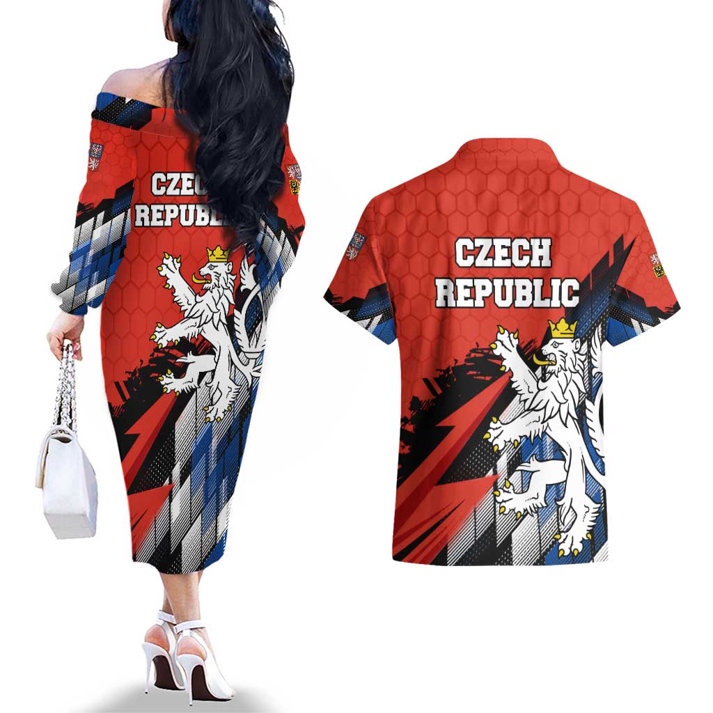 Czech Republic Couples Matching Off The Shoulder Long Sleeve Dress and Hawaiian Shirt with Red Black Blue Brushstroke Design and National Lion - Wonder Print Shop
