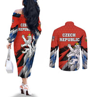 Czech Republic Couples Matching Off The Shoulder Long Sleeve Dress and Long Sleeve Button Shirt with Red Black Blue Brushstroke Design and National Lion - Wonder Print Shop