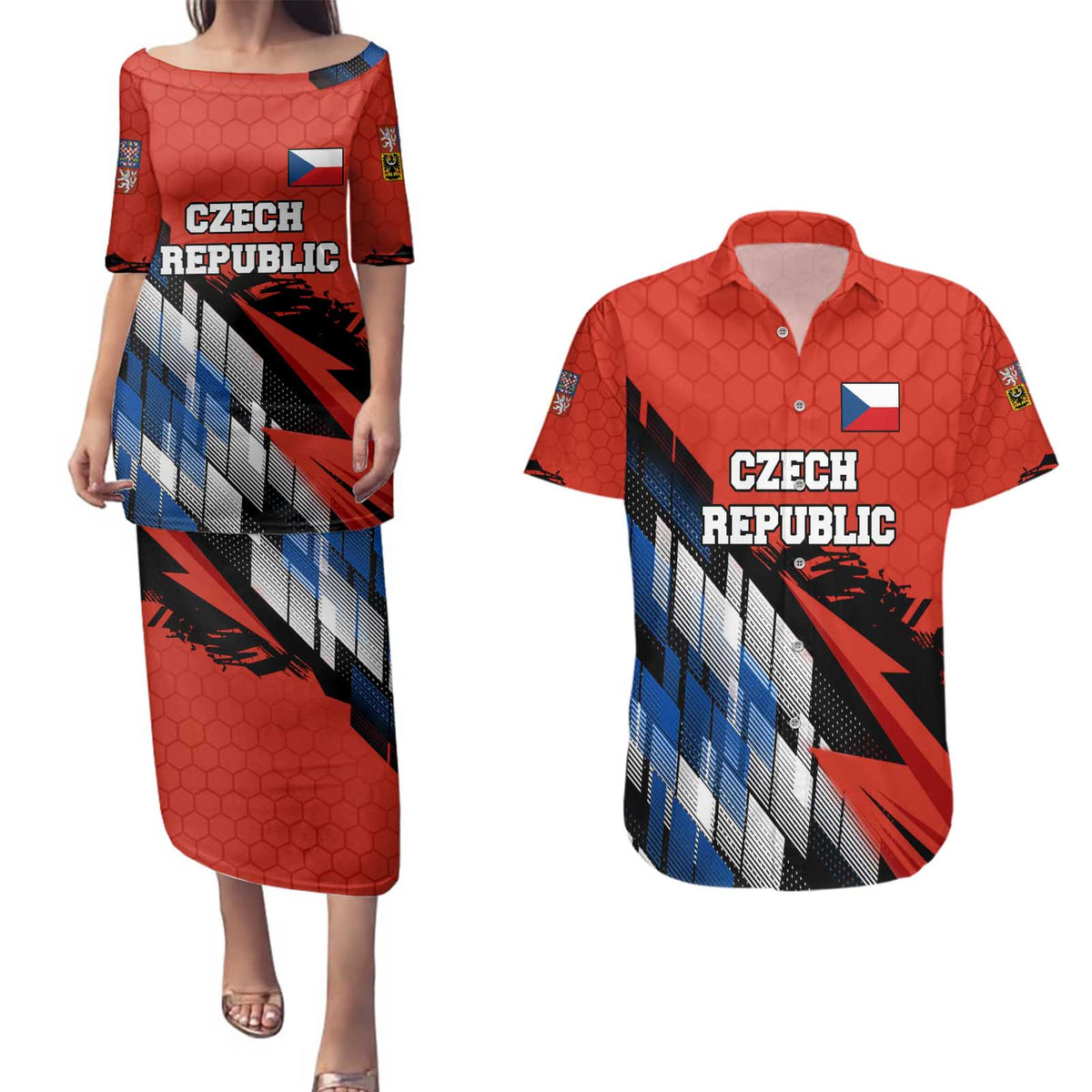 Czech Republic Couples Matching Puletasi and Hawaiian Shirt with Red Black Blue Brushstroke Design and National Lion - Wonder Print Shop