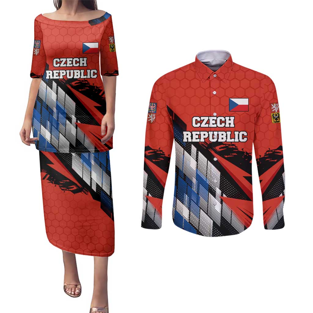 Czech Republic Couples Matching Puletasi and Long Sleeve Button Shirt with Red Black Blue Brushstroke Design and National Lion - Wonder Print Shop