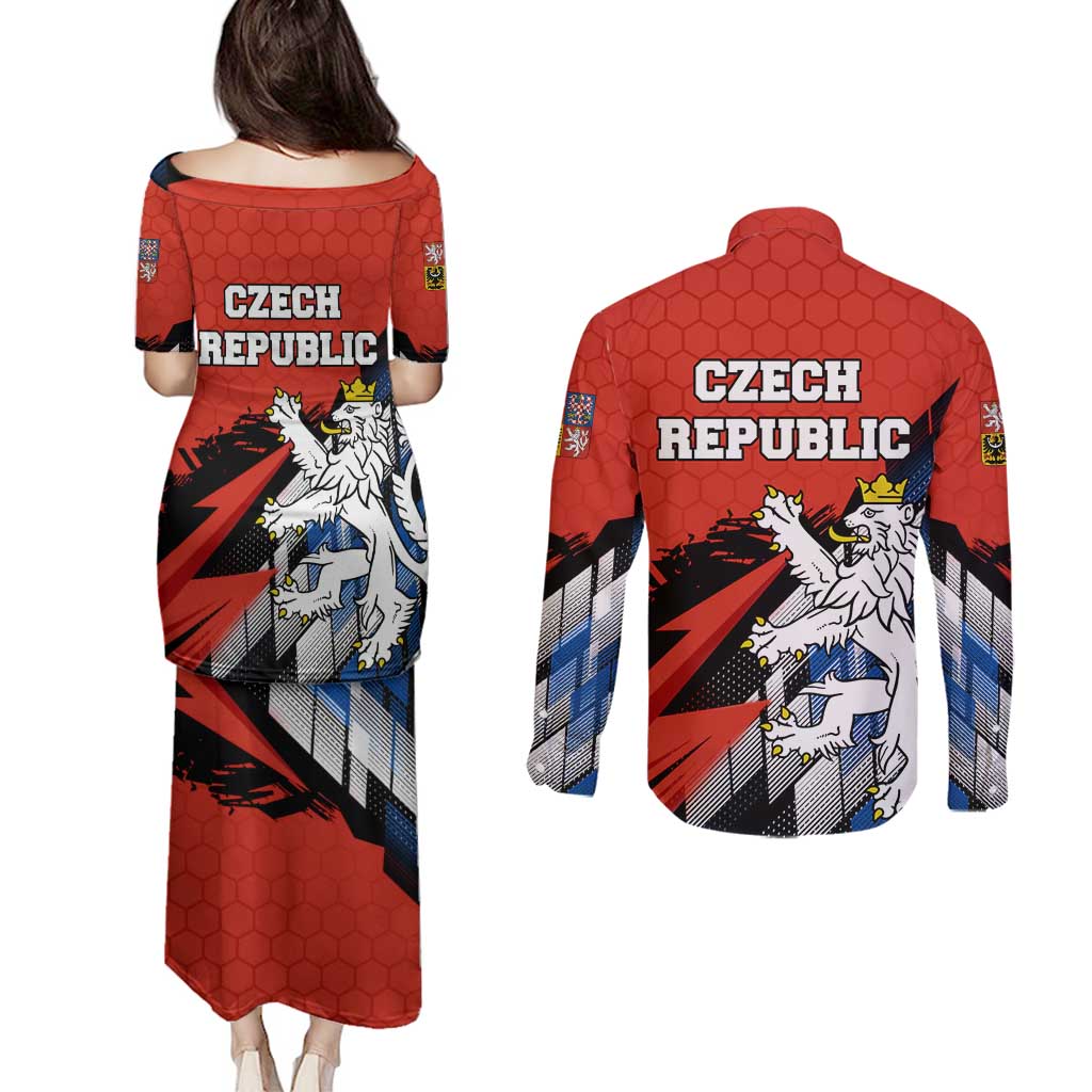Czech Republic Couples Matching Puletasi and Long Sleeve Button Shirt with Red Black Blue Brushstroke Design and National Lion - Wonder Print Shop