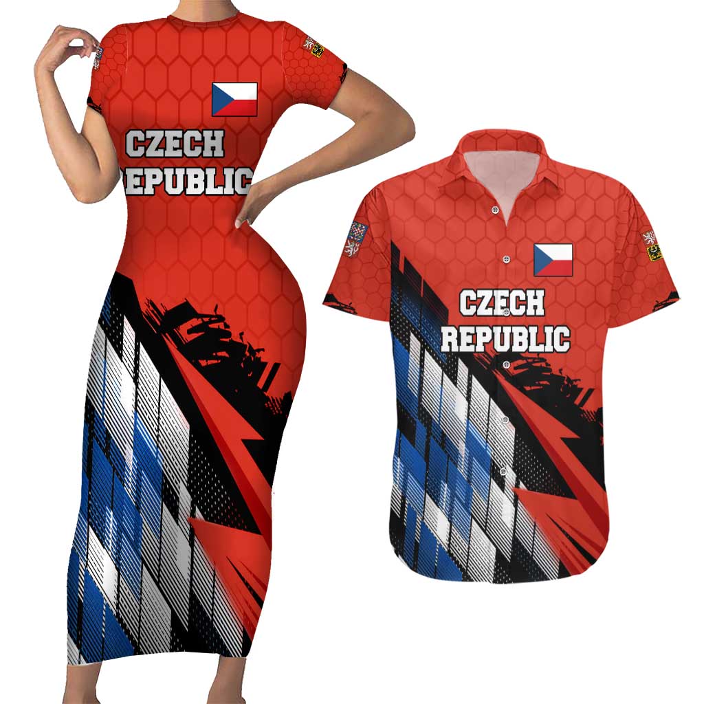 Czech Republic Couples Matching Short Sleeve Bodycon Dress and Hawaiian Shirt with Red Black Blue Brushstroke Design and National Lion - Wonder Print Shop