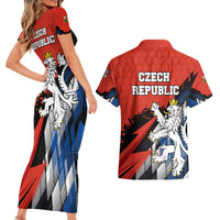 Czech Republic Couples Matching Short Sleeve Bodycon Dress and Hawaiian Shirt with Red Black Blue Brushstroke Design and National Lion - Wonder Print Shop