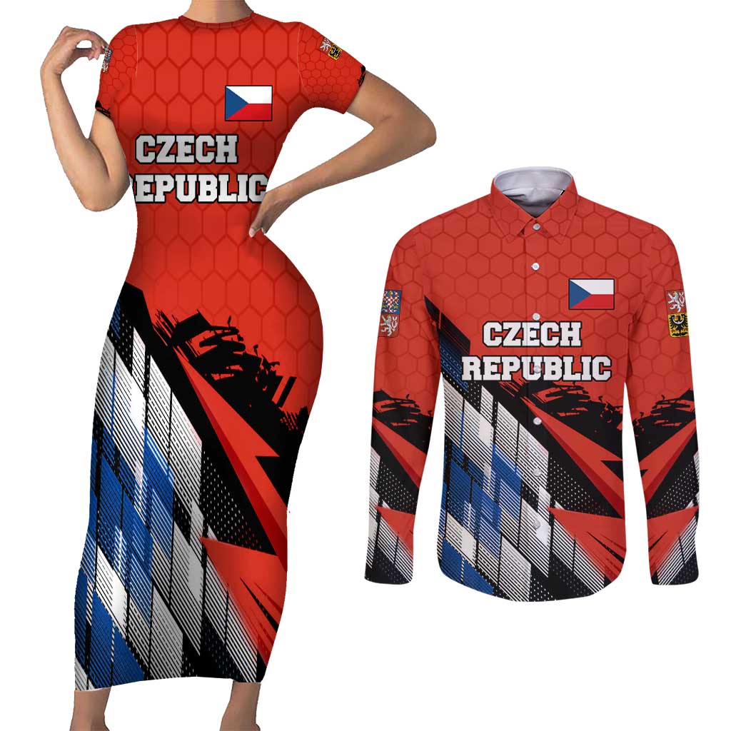 Czech Republic Couples Matching Short Sleeve Bodycon Dress and Long Sleeve Button Shirt with Red Black Blue Brushstroke Design and National Lion - Wonder Print Shop