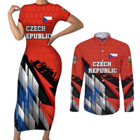 Czech Republic Couples Matching Short Sleeve Bodycon Dress and Long Sleeve Button Shirt with Red Black Blue Brushstroke Design and National Lion - Wonder Print Shop