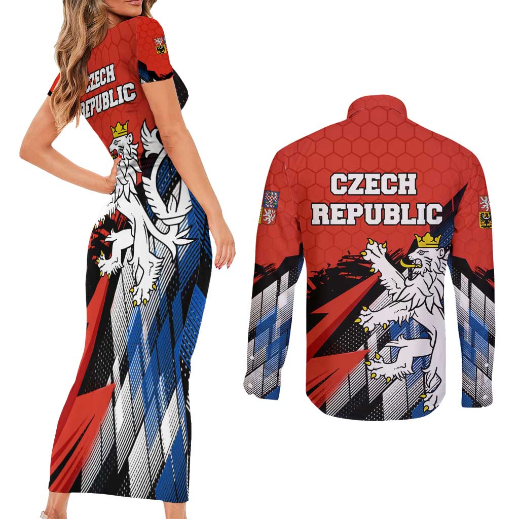 Czech Republic Couples Matching Short Sleeve Bodycon Dress and Long Sleeve Button Shirt with Red Black Blue Brushstroke Design and National Lion - Wonder Print Shop