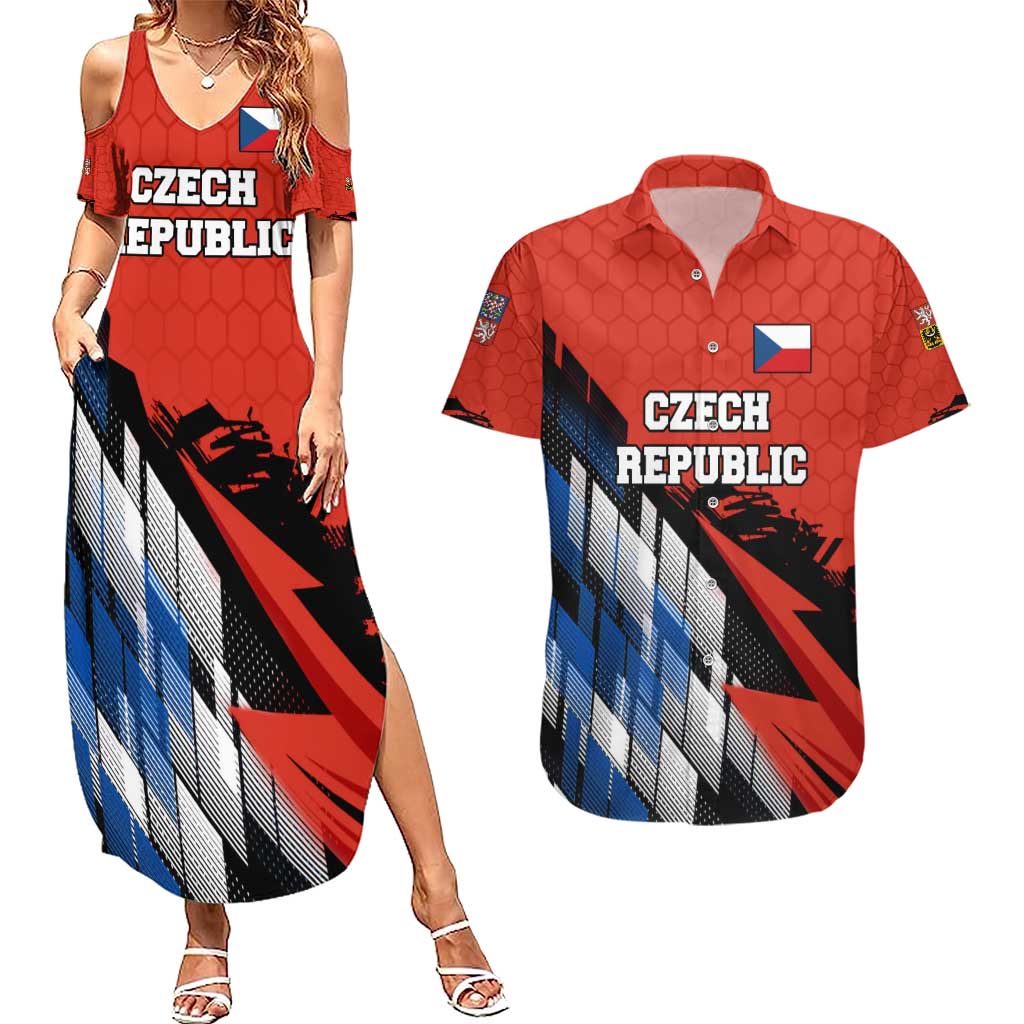 Czech Republic Couples Matching Summer Maxi Dress and Hawaiian Shirt with Red Black Blue Brushstroke Design and National Lion - Wonder Print Shop