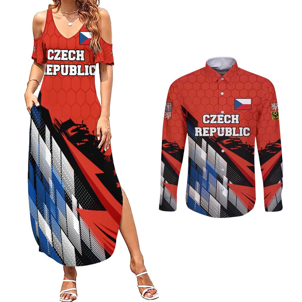 Czech Republic Couples Matching Summer Maxi Dress and Long Sleeve Button Shirt with Red Black Blue Brushstroke Design and National Lion - Wonder Print Shop