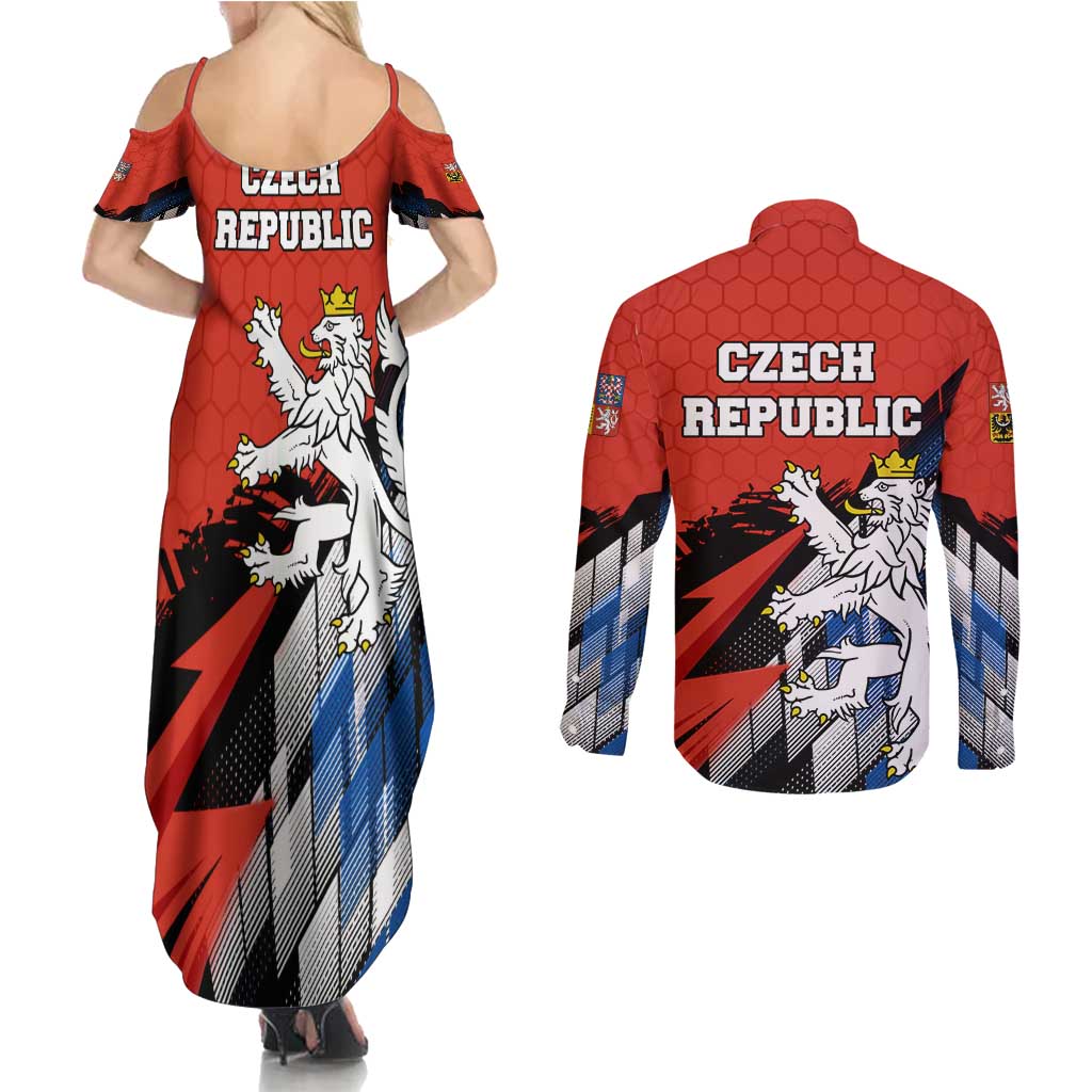 Czech Republic Couples Matching Summer Maxi Dress and Long Sleeve Button Shirt with Red Black Blue Brushstroke Design and National Lion - Wonder Print Shop