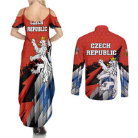 Czech Republic Couples Matching Summer Maxi Dress and Long Sleeve Button Shirt with Red Black Blue Brushstroke Design and National Lion - Wonder Print Shop