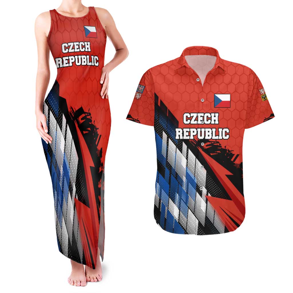 Czech Republic Couples Matching Tank Maxi Dress and Hawaiian Shirt with Red Black Blue Brushstroke Design and National Lion - Wonder Print Shop