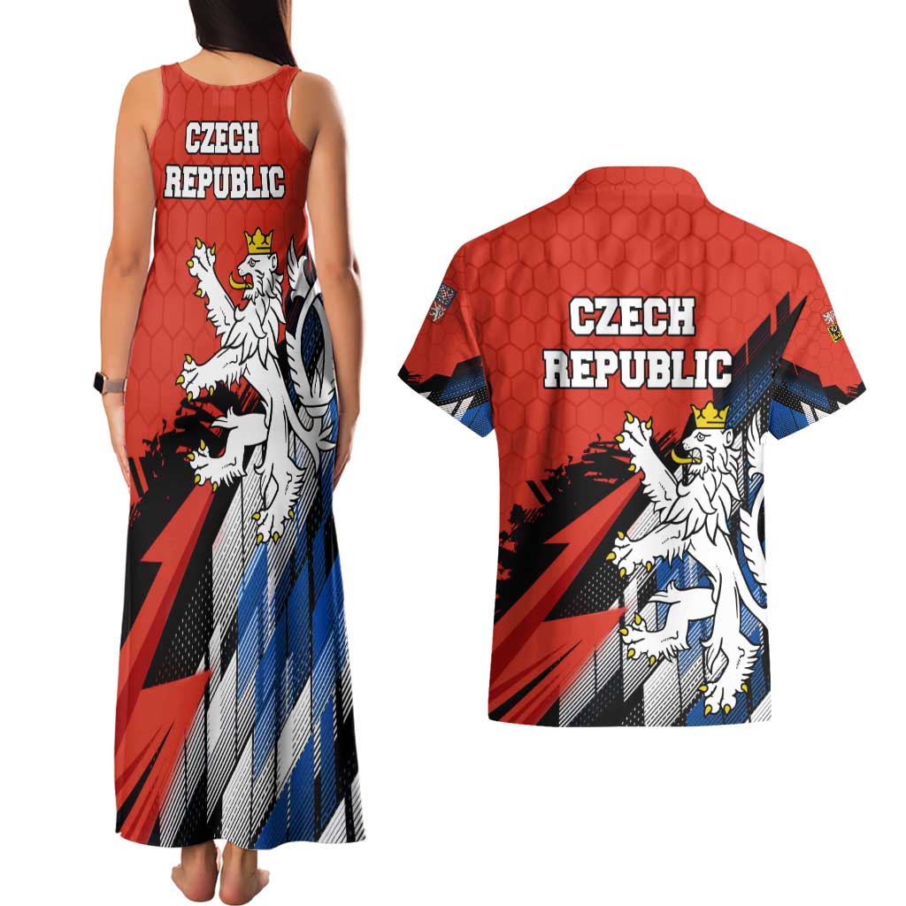 Czech Republic Couples Matching Tank Maxi Dress and Hawaiian Shirt with Red Black Blue Brushstroke Design and National Lion - Wonder Print Shop