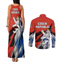 Czech Republic Couples Matching Tank Maxi Dress and Long Sleeve Button Shirt with Red Black Blue Brushstroke Design and National Lion - Wonder Print Shop