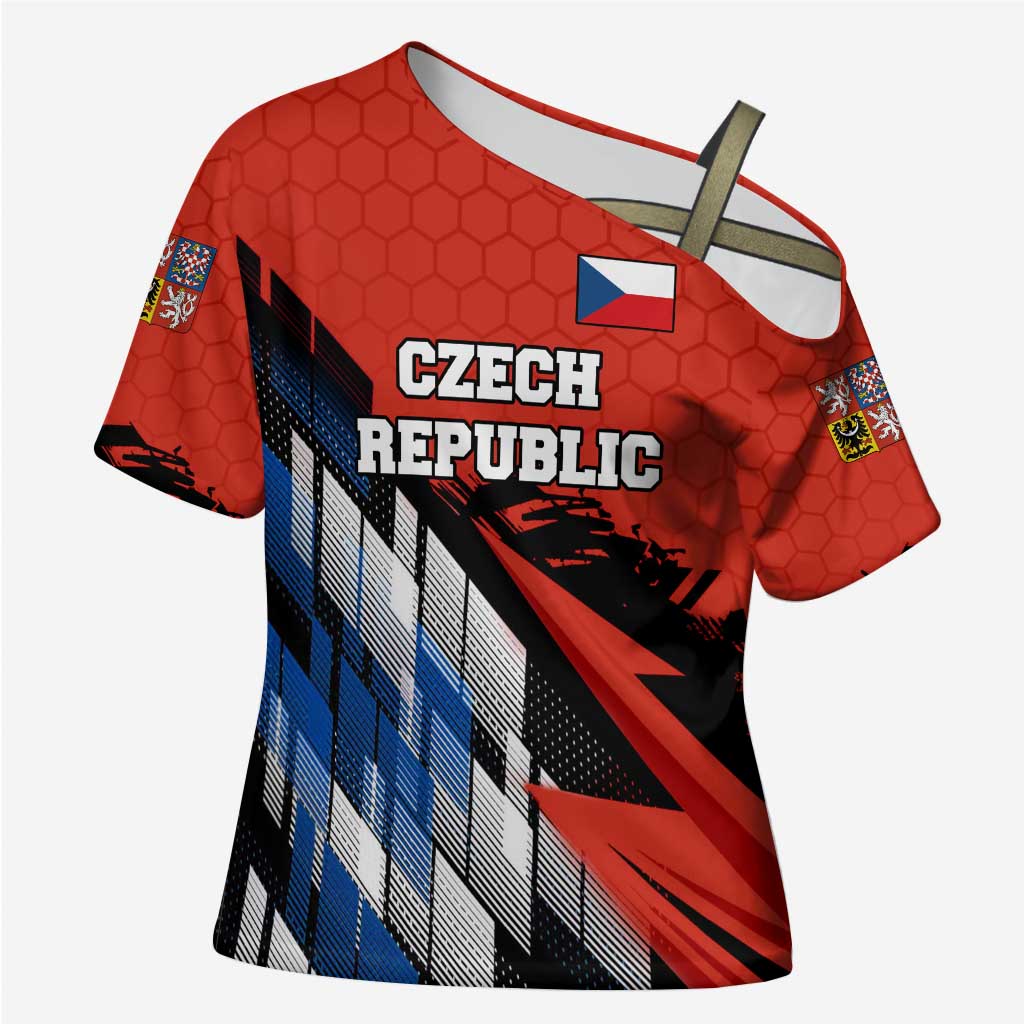 Czech Republic Cross Shoulder Shirt with Red Black Blue Brushstroke Design and National Lion - Wonder Print Shop