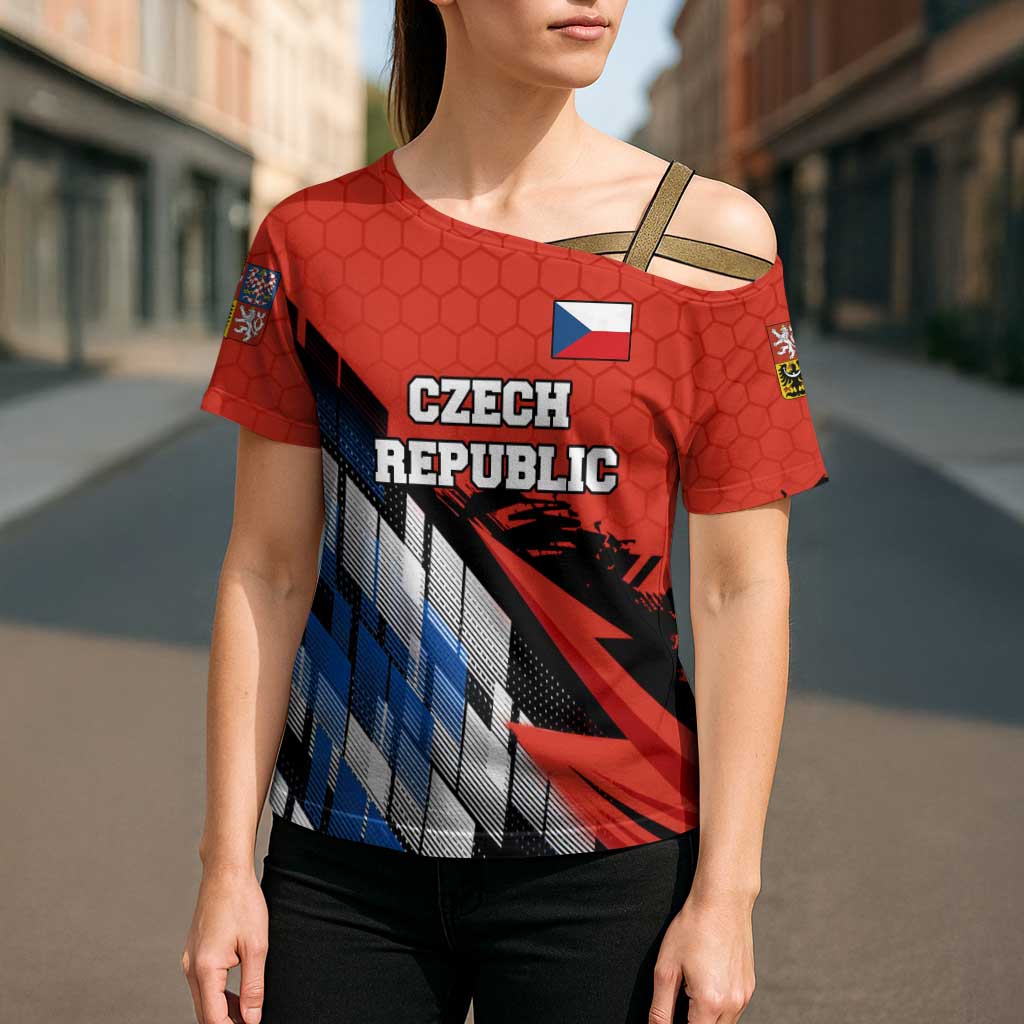 Czech Republic Cross Shoulder Shirt with Red Black Blue Brushstroke Design and National Lion - Wonder Print Shop