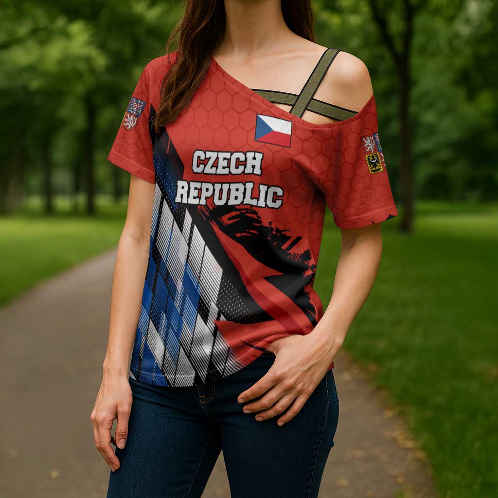 Czech Republic Cross Shoulder Shirt with Red Black Blue Brushstroke Design and National Lion - Wonder Print Shop