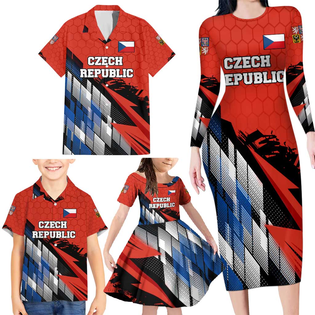 Czech Republic Family Matching Long Sleeve Bodycon Dress and Hawaiian Shirt with Red Black Blue Brushstroke Design and National Lion - Wonder Print Shop