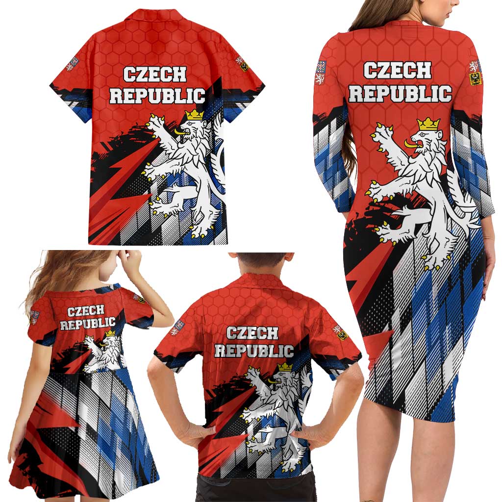 Czech Republic Family Matching Long Sleeve Bodycon Dress and Hawaiian Shirt with Red Black Blue Brushstroke Design and National Lion - Wonder Print Shop
