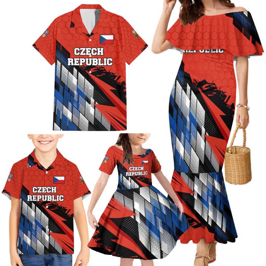 Czech Republic Family Matching Mermaid Dress and Hawaiian Shirt with Red Black Blue Brushstroke Design and National Lion - Wonder Print Shop