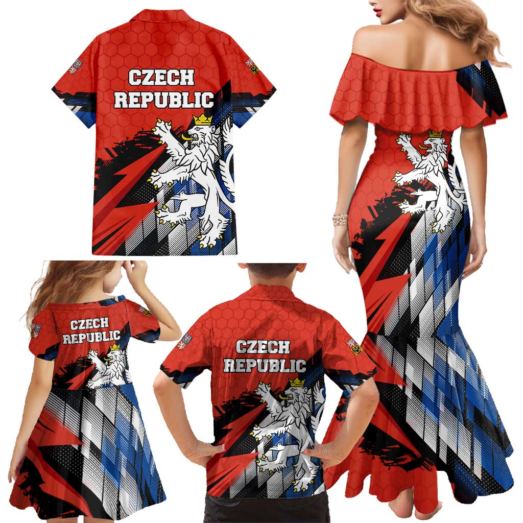 Czech Republic Family Matching Mermaid Dress and Hawaiian Shirt with Red Black Blue Brushstroke Design and National Lion - Wonder Print Shop