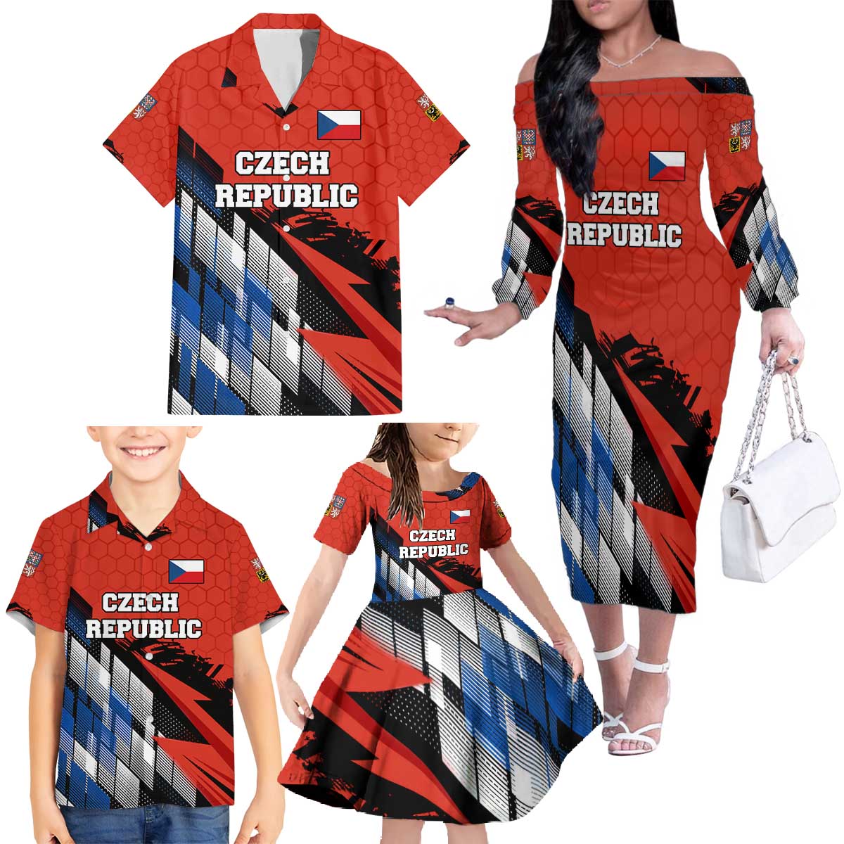 Czech Republic Family Matching Off The Shoulder Long Sleeve Dress and Hawaiian Shirt with Red Black Blue Brushstroke Design and National Lion - Wonder Print Shop