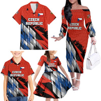 Czech Republic Family Matching Off The Shoulder Long Sleeve Dress and Hawaiian Shirt with Red Black Blue Brushstroke Design and National Lion - Wonder Print Shop