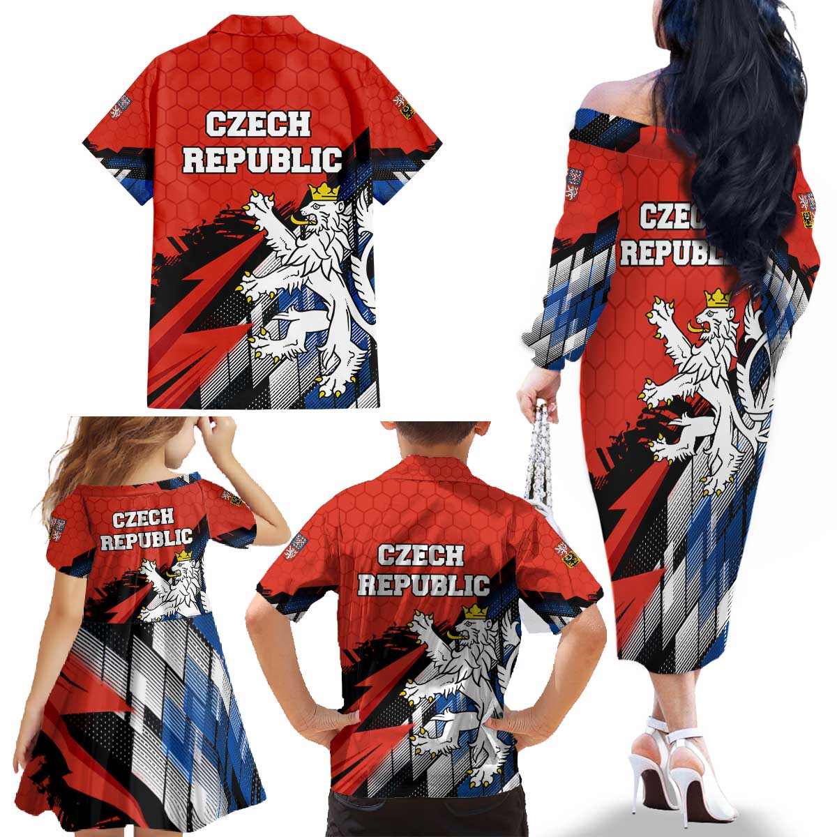 Czech Republic Family Matching Off The Shoulder Long Sleeve Dress and Hawaiian Shirt with Red Black Blue Brushstroke Design and National Lion - Wonder Print Shop