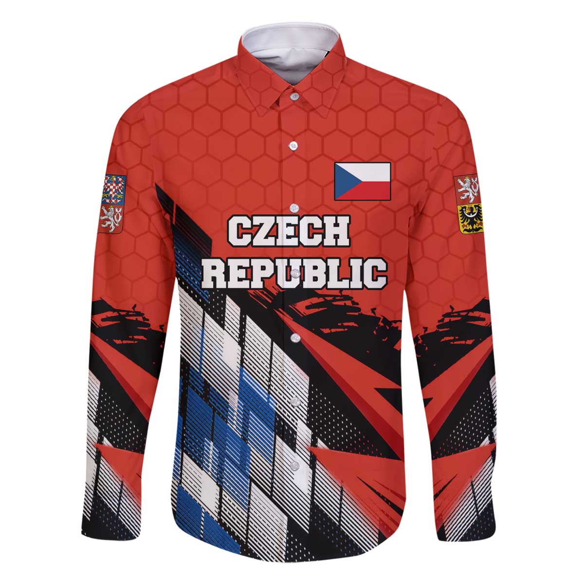 Czech Republic Family Matching Off The Shoulder Long Sleeve Dress and Hawaiian Shirt with Red Black Blue Brushstroke Design and National Lion - Wonder Print Shop