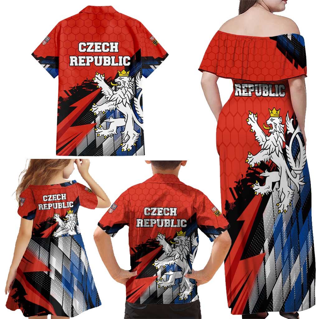 Czech Republic Family Matching Off Shoulder Maxi Dress and Hawaiian Shirt with Red Black Blue Brushstroke Design and National Lion - Wonder Print Shop