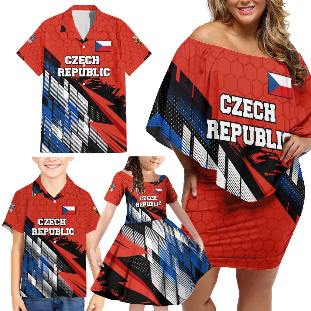 Czech Republic Family Matching Off Shoulder Short Dress and Hawaiian Shirt with Red Black Blue Brushstroke Design and National Lion - Wonder Print Shop