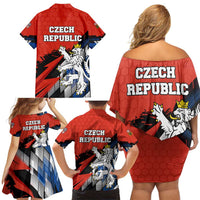 Czech Republic Family Matching Off Shoulder Short Dress and Hawaiian Shirt with Red Black Blue Brushstroke Design and National Lion - Wonder Print Shop