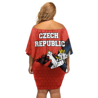 Czech Republic Family Matching Off Shoulder Short Dress and Hawaiian Shirt with Red Black Blue Brushstroke Design and National Lion - Wonder Print Shop