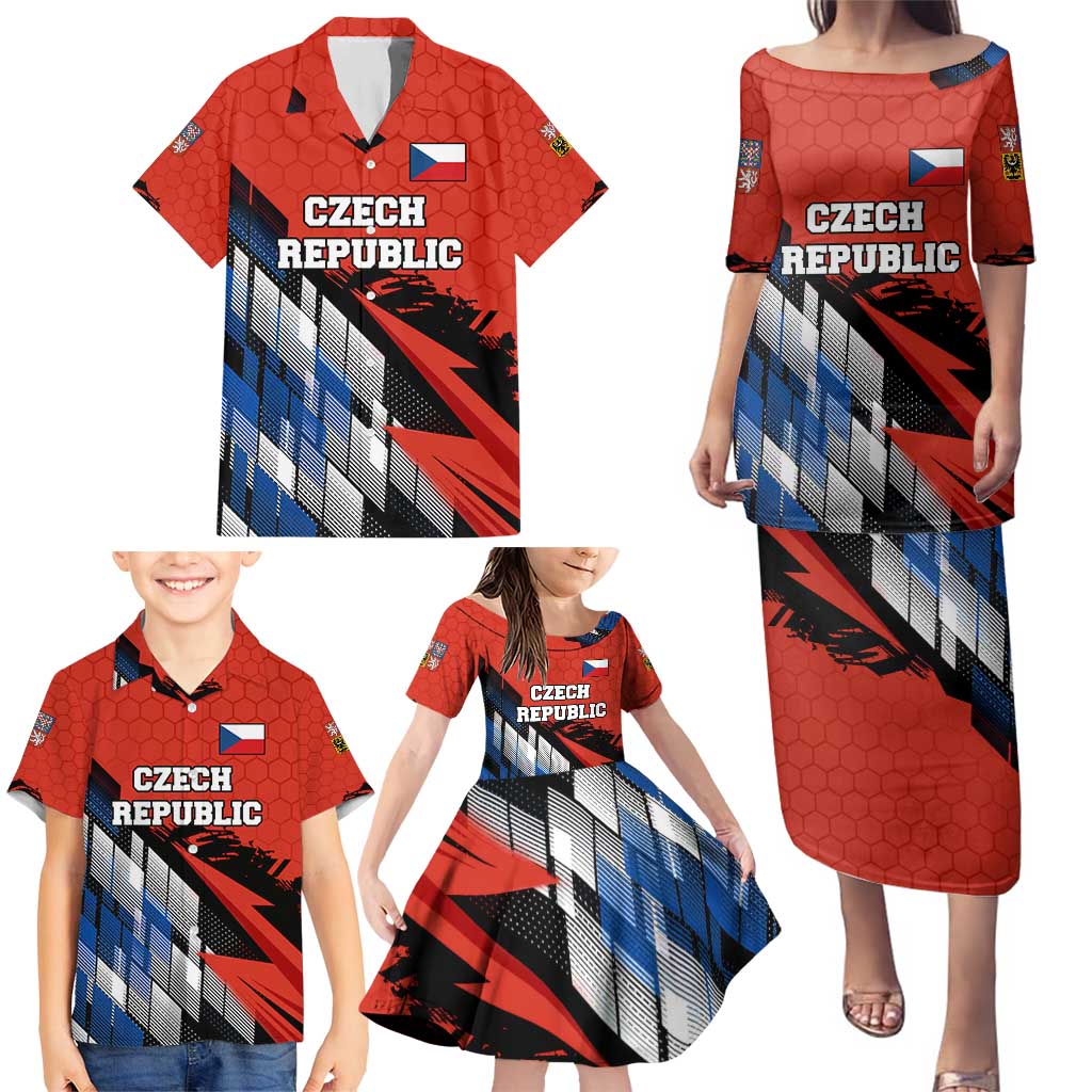 Czech Republic Family Matching Puletasi and Hawaiian Shirt with Red Black Blue Brushstroke Design and National Lion - Wonder Print Shop