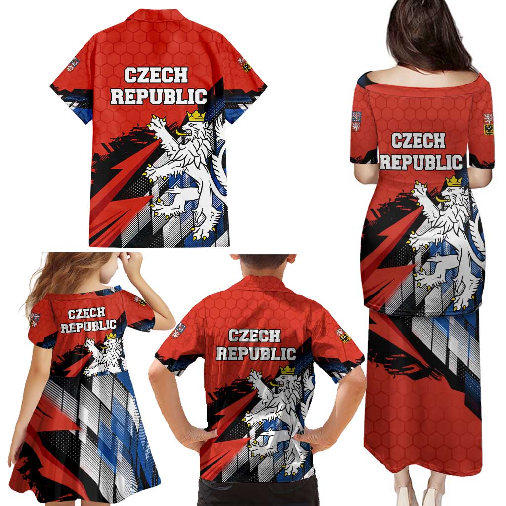 Czech Republic Family Matching Puletasi and Hawaiian Shirt with Red Black Blue Brushstroke Design and National Lion - Wonder Print Shop