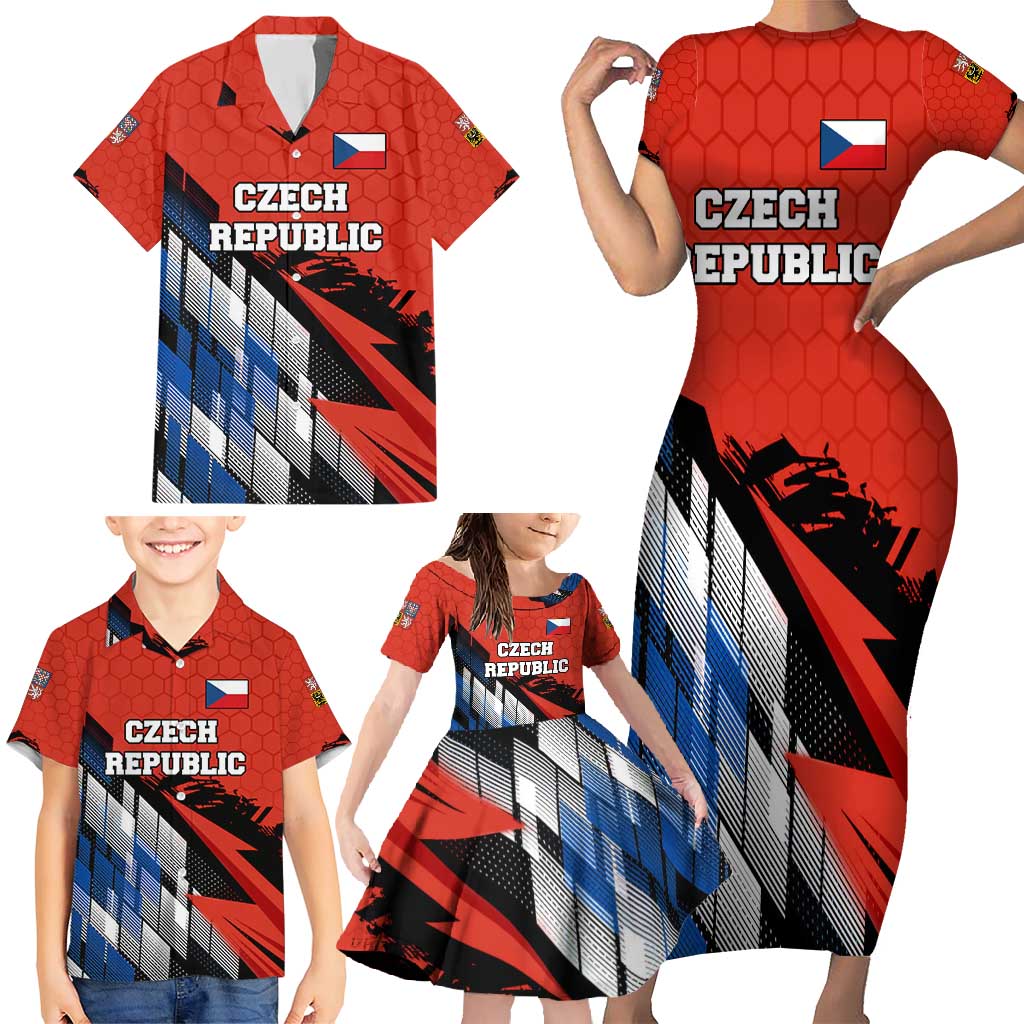 Czech Republic Family Matching Short Sleeve Bodycon Dress and Hawaiian Shirt with Red Black Blue Brushstroke Design and National Lion - Wonder Print Shop