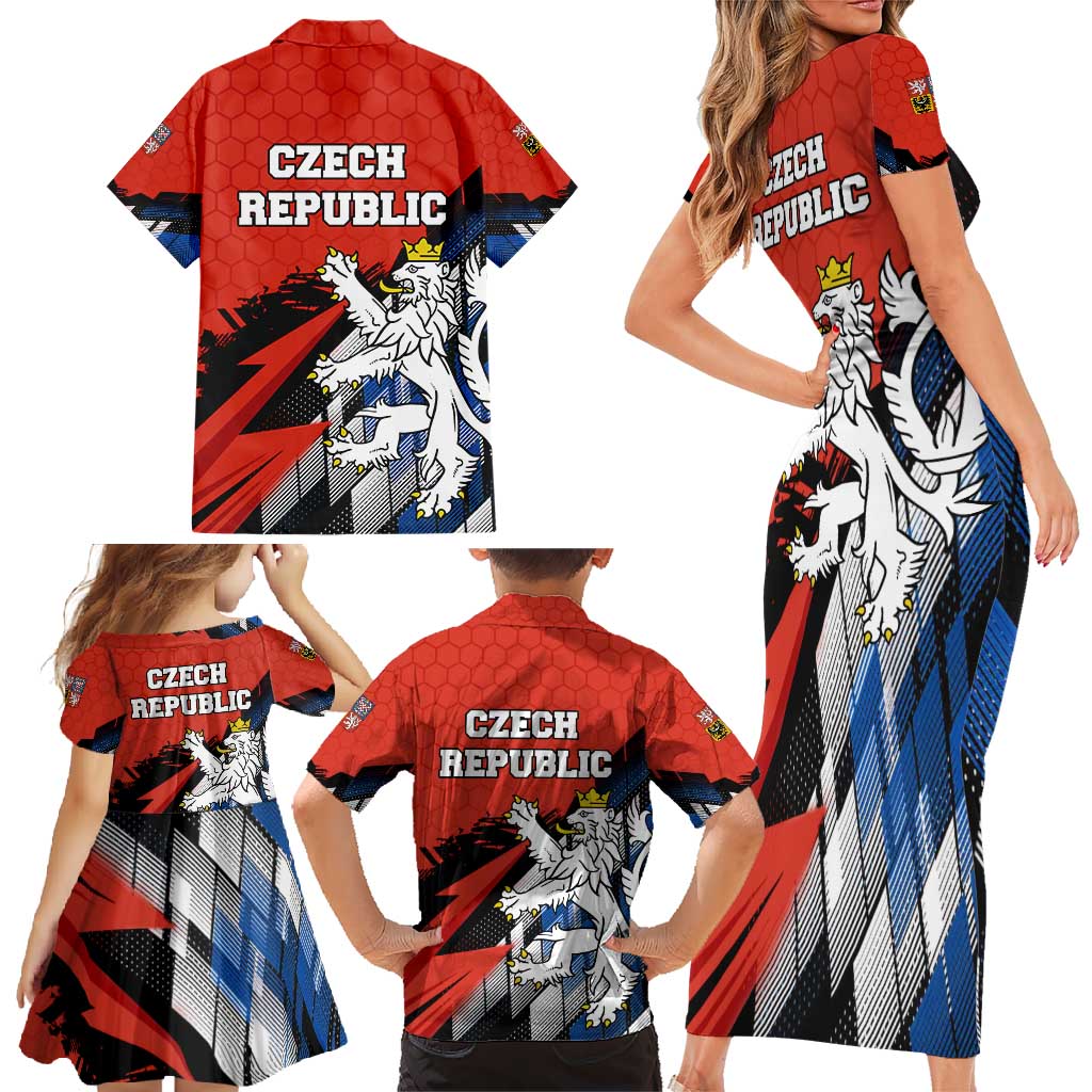 Czech Republic Family Matching Short Sleeve Bodycon Dress and Hawaiian Shirt with Red Black Blue Brushstroke Design and National Lion - Wonder Print Shop
