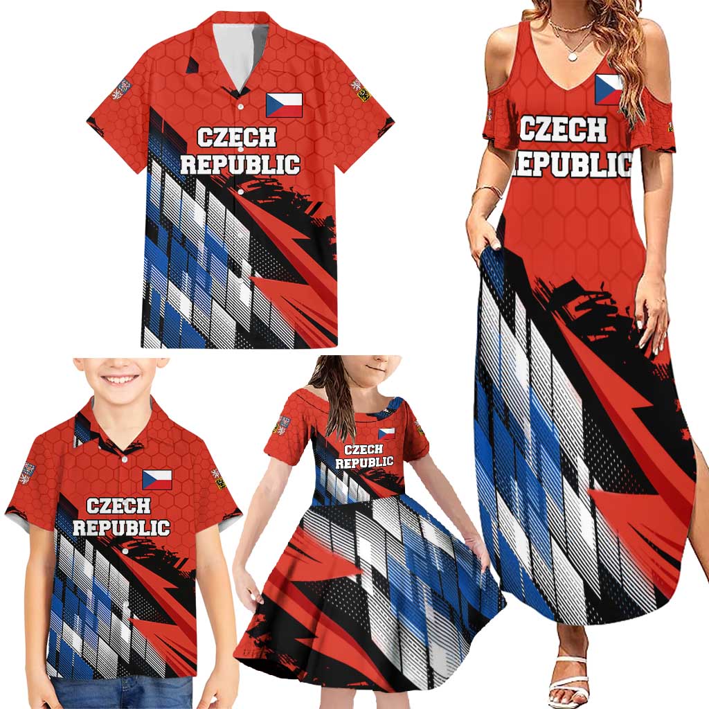 Czech Republic Family Matching Summer Maxi Dress and Hawaiian Shirt with Red Black Blue Brushstroke Design and National Lion - Wonder Print Shop