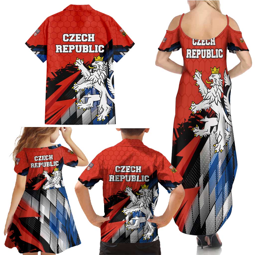 Czech Republic Family Matching Summer Maxi Dress and Hawaiian Shirt with Red Black Blue Brushstroke Design and National Lion - Wonder Print Shop