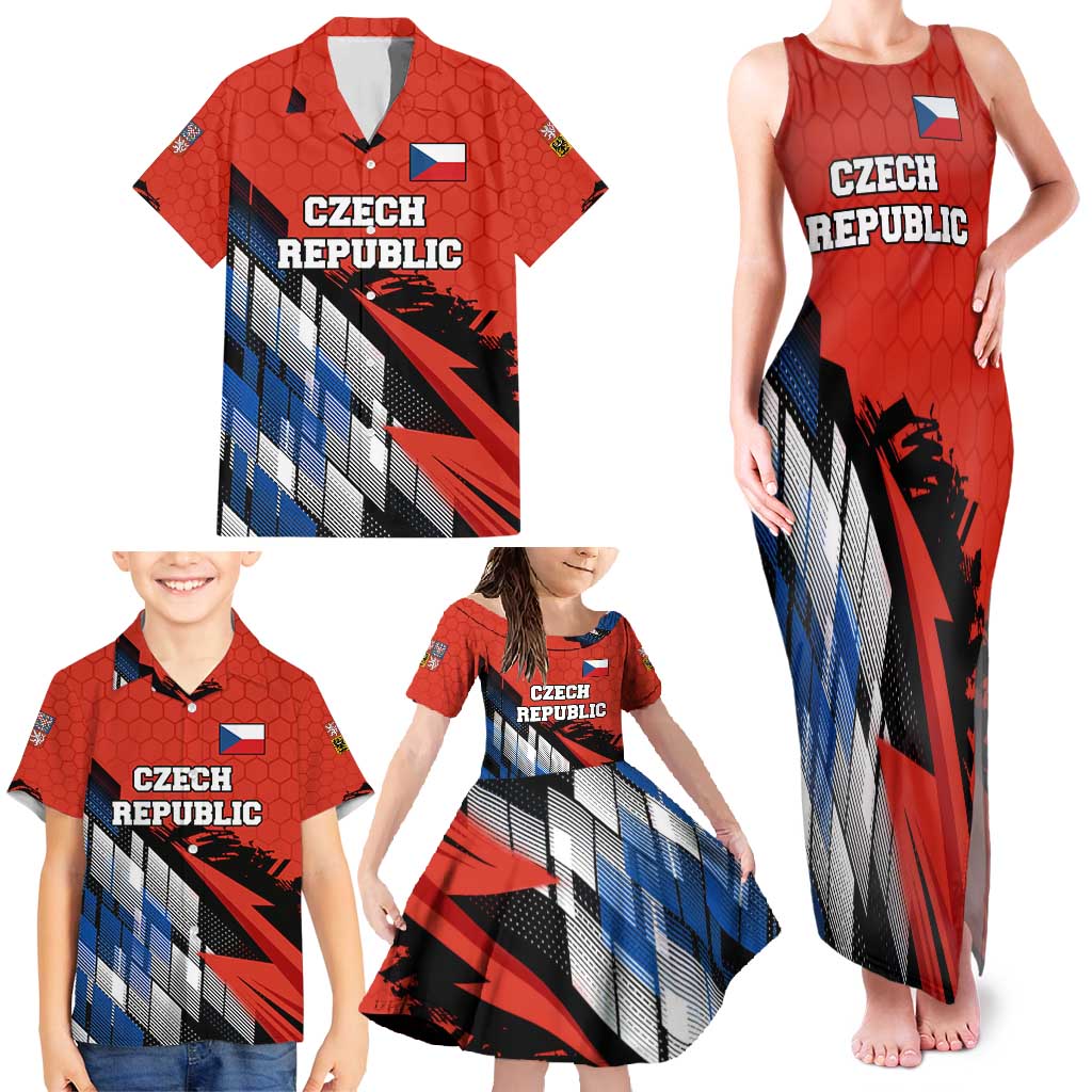 Czech Republic Family Matching Tank Maxi Dress and Hawaiian Shirt with Red Black Blue Brushstroke Design and National Lion - Wonder Print Shop